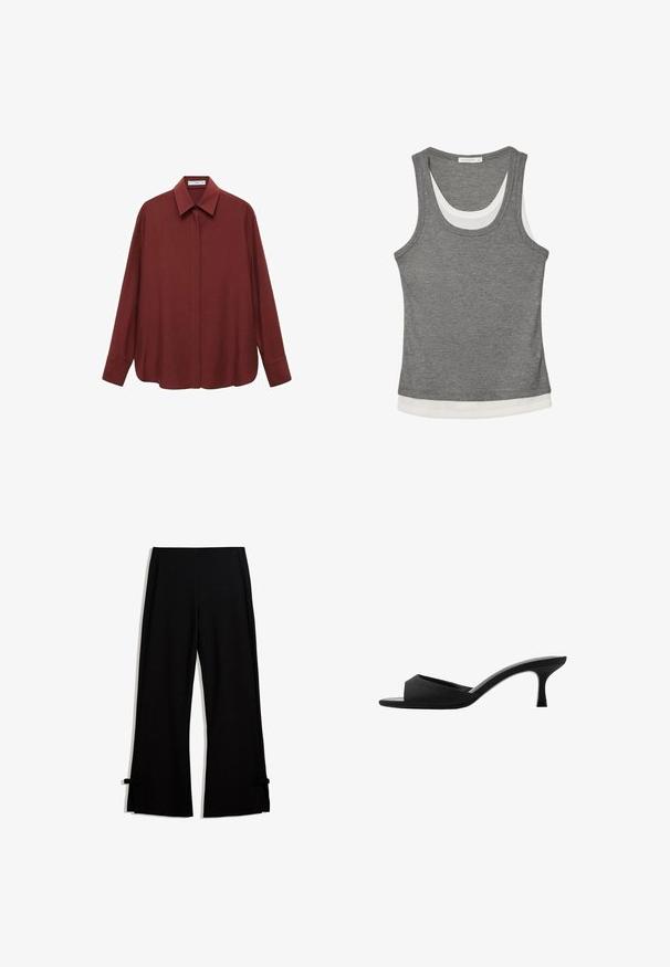 Långärmad vinröd skjorta med spetsig krage, knappstängning fram och lös passform. Tillverkad av slät tyg med en minimal design.; Grå linne i ribbat tyg med en vit lagerkant i nederkant och rundad halsringning. Designen är ärmlös och har en figurnära passform.; Svarta byxor med vida ben tillverkade av ett mjukt tyg, med sidoklackar som hålls på plats med rosetter vid fållen för extra detalj.; Svarta klackade mules med tår med bred öppen tå och en böjd överdel. Tillverkade av strukturerat tyg, med en slank klack och en slät sula.