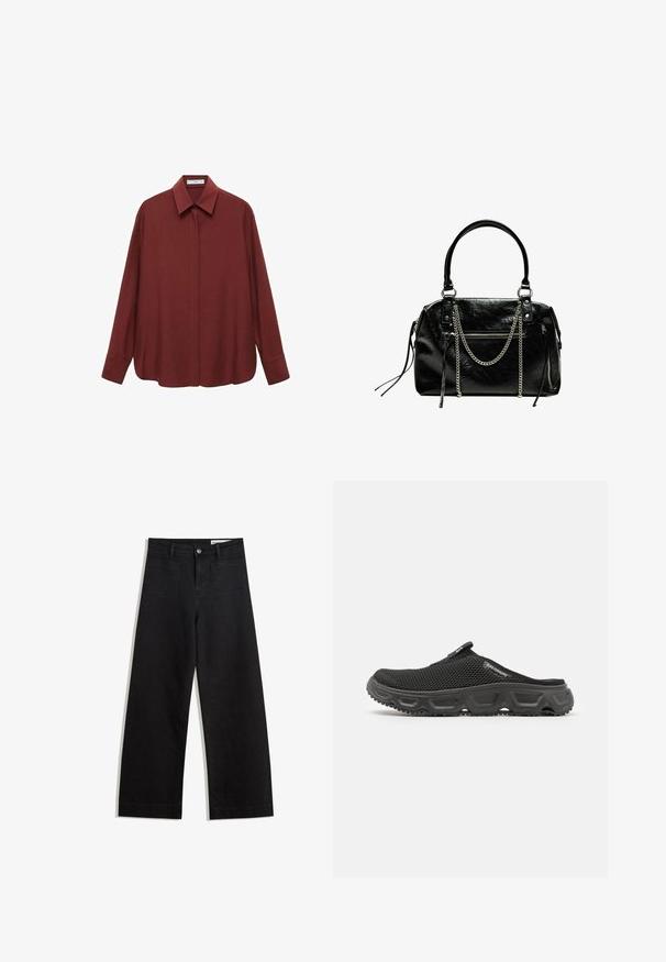 Cămașă burgundy cu mânecă lungă, guler ascuțit, închidere cu nasturi pe față și croială lejeră. Fabricată dintr-un material neted cu un design minimalist.; Pantaloni din denim negri cu picioare largi, cu talie înaltă, având buzunare frontale și posterioare, cusături dublate și închidere cu nasture. Textură netedă.; Pantof de plasă negru, tip slip-on, cu talpă din cauciuc texturat, vârf rotunjit și mânere pentru tras. Prezintă cusături vizibile și un detaliu subtil al logo-ului.; Bershka WITH CHAIN - Geantă de mână - black