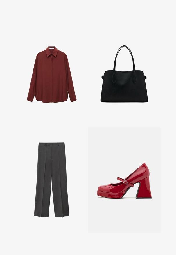 Dlhý rukáv burgundskej košele s vypuklým golierom, predným zapínaním na gombíky a voľným strihom. Vyrobené z hladkej látky s minimálnym dizajnom.; Sivé nohavice so širokými nohavicami, hladkým povrchom, prešitým predným dielom a pútkami na opasok. Vyrobené z ľahkej, tkaninovej látky.; Červená lakovaná kožená Mary Jane topánka na vysokom podpätku s okrúhlou špičkou, prednou platformou, prackou a tvarovaným blokovým podpätkom.; Čierna kožená kabelka s dvojitými popruhmi na rameno, obdĺžnikový tvar a minimalistický dizajn na bielom pozadí.