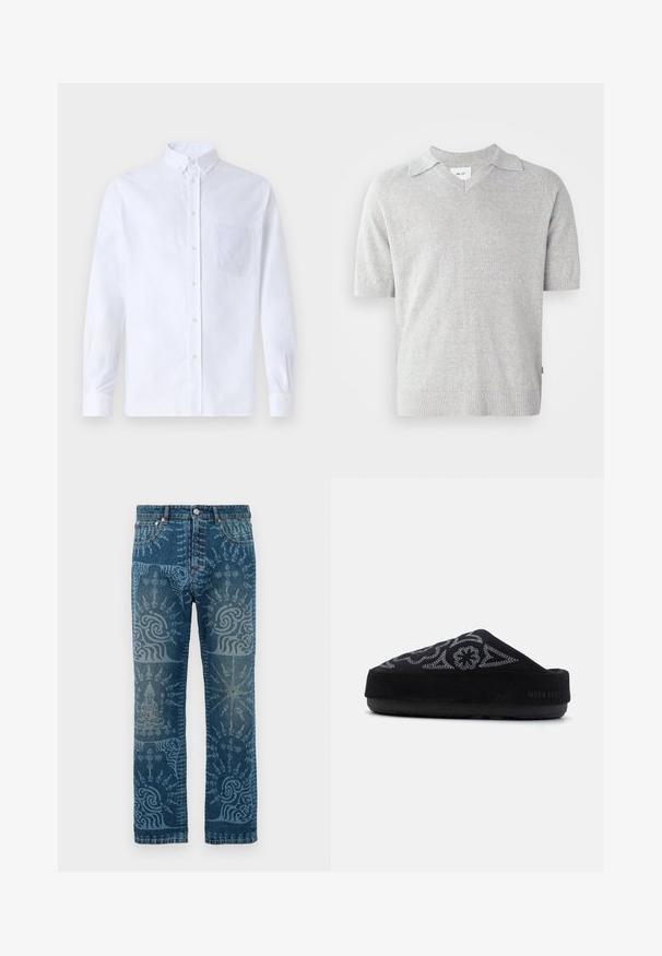Valge pikamaa varrukatega nööbiga särk, mis on valmistatud puuvillast ja millel on rinna tasku toon-toonis brodeeringuga, krae ja nööbiga mansetid.; Lühikeste varrukatega hall lõngakootud polo särk V-kaelusega, millel on peene tekstuur ja soonikkoes äärised varrukatel ning allservas. Brändi silt on nähtav seestpoolt.; Keskmise sinise pesu denim-püksid, millel on keerukad helesinised mustrid, sirge sääre disain, klassikaline viie taskuga stiil ja nupukinnitus.; Must musta kingad, millel on tikandiga disain, ümmargune varvas, paks talla ja kandmisel tekst "MOON BOOT". Tekstuuriga pind.