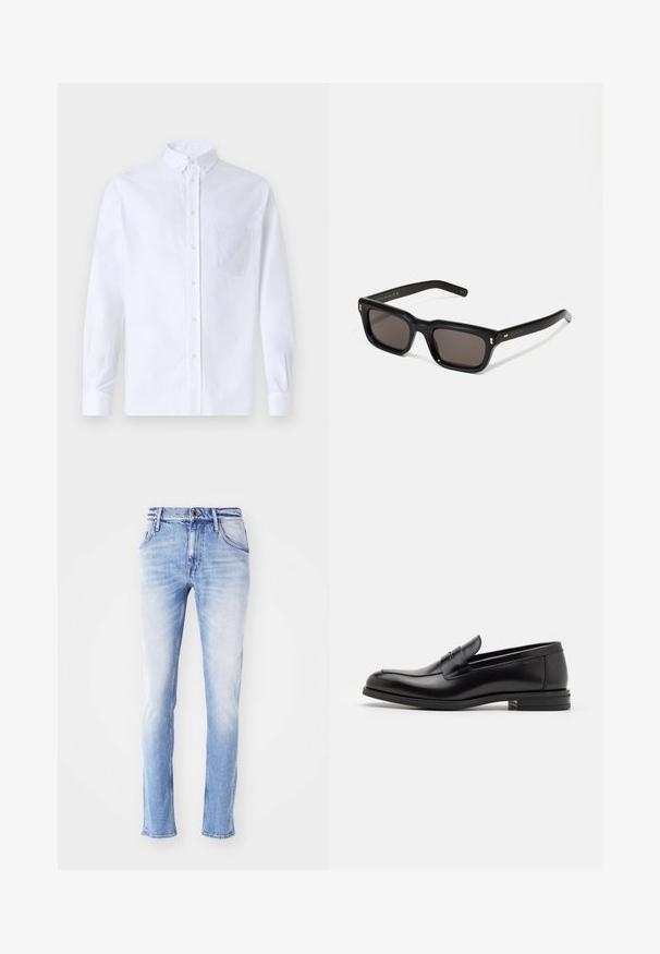 Cămașă albă cu mânecă lungă, din bumbac, prevăzută cu un buzunar pe piept cu broderie tonală, guler și manșete cu buton.; Jeans din denim bleu deschis cu un finisaj decolorat, croială dreaptă, cinci buzunare, umeri pentru cureaua și închidere cu un singur buton în talie.; Mocasini din piele neagră cu o textură netedă, vârf rotund și o curea decorativă peste partea superioară. Toc mic, design minimalist.; Ochelari de soare negri, rectangul care au lentile întunecate, ramă din plastic gros, accente aurii pe brațe și logo-ul brandului gravat pe mâner.