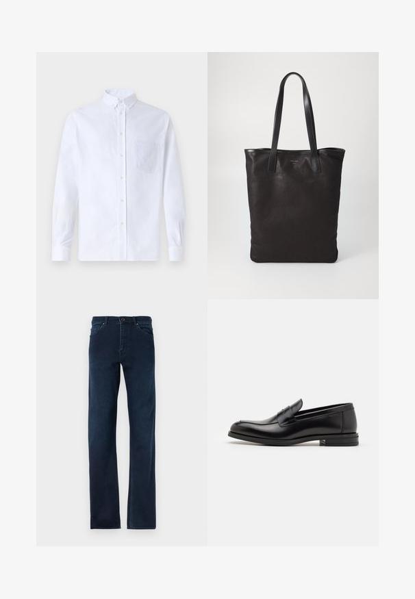 Λευκό πουκάμισο με μακρύ μανίκι, φτιαγμένο από βαμβάκι, με τσέπη στο στήθος με τονικό κέντημα, γιακά και κουμπιά στους μανικέτες.; Σκούρο μπλε τζιν παντελόνι με ίσιες γραμμές, πέντε τσέπες, κουμπί και αντίθετα ραφές κατά μήκος των ραφών.; Μαύρες δερμάτινες μπαλαρίνες με λεία υφή, στρογγυλή μύτη και διακοσμητική ταινία πάνω από το επάνω μέρος. Χαμηλός καπιτώνας, μινιμαλιστικός σχεδιασμός.; Μαύρη καμβά τσάντα tote με μαύρους δερμάτινους ιμάντες. Απλός σχεδιασμός, ευρύχωρο σώμα και λεία υφή. Χωρίς ορατά λογότυπα ή σχέδια.