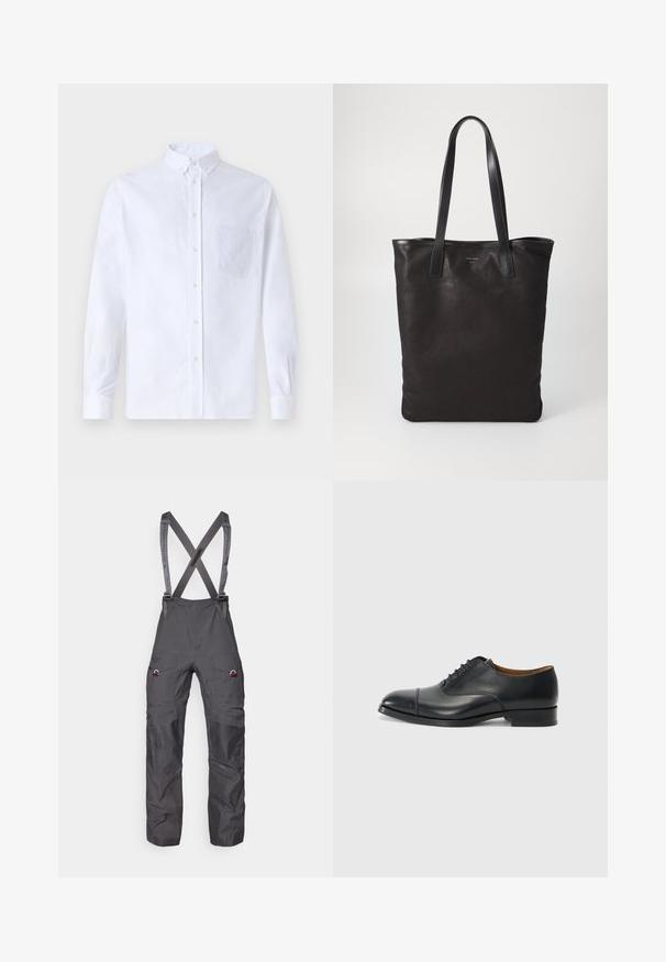 White long-sleeve button-up shirt made of cotton, featuring a chest pocket with tonal embroidery, a collar, and button cuffs.; Gray insulated overalls with adjustable suspenders, multiple pockets, and reinforced knees, featuring a smooth, durable fabric texture.; Black leather dress shoe with a smooth finish, rounded toe, five eyelets for laces, and low block heel. Minimalist design with subtle stitching.; Black canvas tote bag with black leather handles. Simple design, spacious body, and a smooth texture. No visible logos or patterns.