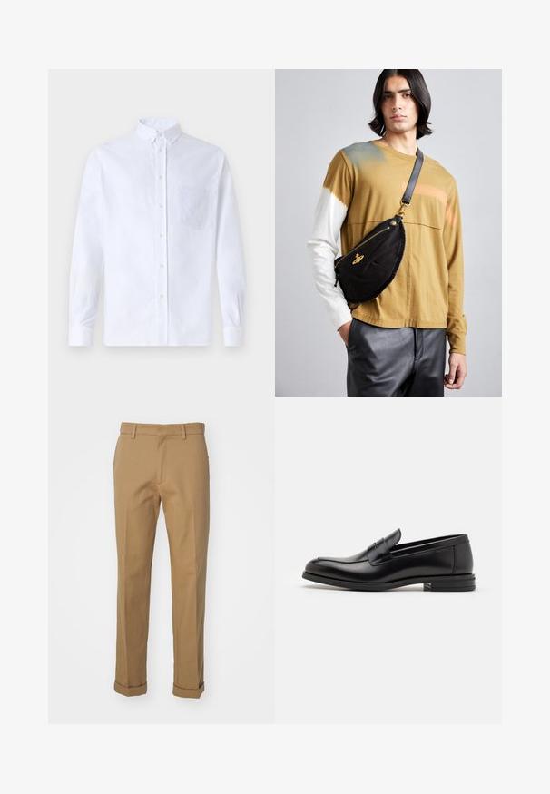 Biała koszula z długim rękawem na guziki, wykonana z bawełny, z kieszonką na piersi z tonowym haftem, kołnierzykiem i zapięciem na guziki przy mankietach.; Brązowe bawełniane spodnie z prostym krojem, z podwiniętym dołem, dwoma przednimi kieszeniami i gładką fakturą.; Czarne skórzane mokasyny o gładkiej fakturze, zaokrąglonym nosku i dekoracyjnym pasku na przodzie. Niski, warstwowy obcas, minimalistyczny design.; Vivienne Westwood CITY UNISEX czarny