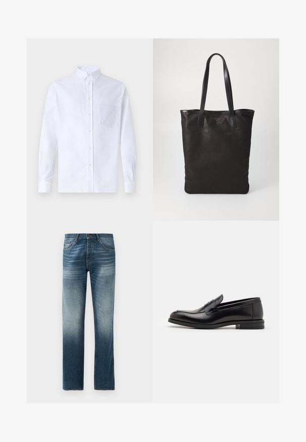 Cămașă albă cu mânecă lungă, din bumbac, prevăzută cu un buzunar pe piept cu broderie tonală, guler și manșete cu buton.; Jeans din denim de culoare albastru închis, cu un design drept. Prezintă cinci buzunare, un brâu standard cu bucle pentru curea și închidere cu nasture metalic.; Mocasini din piele neagră cu o textură netedă, vârf rotund și o curea decorativă peste partea superioară. Toc mic, design minimalist.; Geantă de umăr din pânză neagră cu mânere din piele neagră. Design simplu, corp spațios și textură netedă. Fără logo-uri sau modele vizibile.