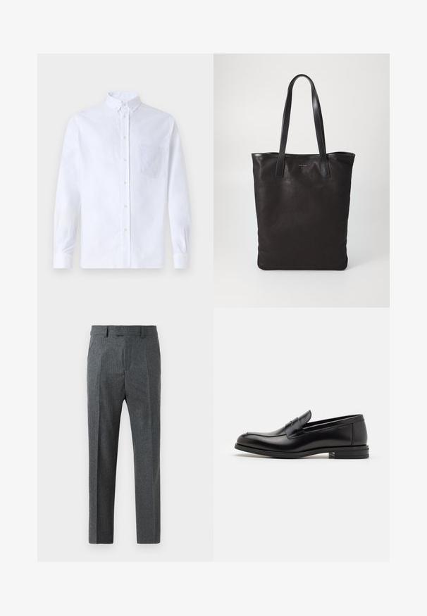 White long-sleeve button-up shirt made of cotton, featuring a chest pocket with tonal embroidery, a collar, and button cuffs.; Gray tailored trousers with a fine check pattern, straight leg design, and a smooth fabric texture. Features belt loops and a zip fly.; Black leather loafers with a smooth texture, rounded toe, and a decorative strap across the vamp. Low stacked heel, minimalist design.; Black canvas tote bag with black leather handles. Simple design, spacious body, and a smooth texture. No visible logos or patterns.