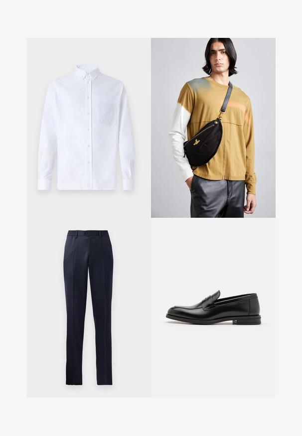 Bijela košulja s dugim rukavima na dugme, izrađena od pamuka, s džepom na prsima s ton-sur-ton vezom, ovratnikom i dugmadi na manžetama.; Tamno plave hlače ravnog kroja, s elastičnim pojasom, ravnim prednjim dijelom i jednim gumbom na zatvaranju. Glatka tekstura tkanine.; Crni kožni mokasini s glatkom teksturom, zaobljenim prstima i ukrasnom trakom preko prednjeg dijela. Niski slojeviti potplat, minimalistički dizajn.; Vivienne Westwood CITY BUMBAG UNISEX - Pojasna torbica - black