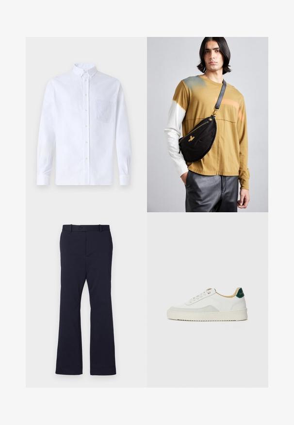 Witte lange mouwen overhemd van katoen, met een borstzak met tonale borduring, een kraag en knopenmanchetten.; Marineblauwe broek van gladde stof met een rechte pijp, zijzakken en een enkele knoopsluiting in de taille.; Witte sneaker met suède accenten, ronde neus, platte veters en een crème rubberen zool. Bevat groene branding op de hiel.; Vivienne Westwood CITY BUMBAG UNISEX - Heuptas - black