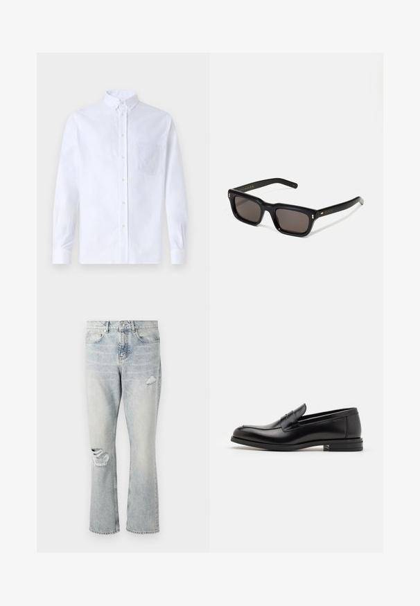 Balts garo piedurknēm krekliņš ar pogām, izgatavots no kokvilnas, ar krūšu kabatu ar tonālu izšuvumu, apkakli un pogām pie piedurknēm.; Gaiši zili džinsi ar augstu jostasvietu, taisnām kājām un nolietotiem akcentiem labajā augšstilbā un kreisajā ceļgala daļā.; Melnas ādas kurpes ar gludu tekstūru, noapaļu purngalu un dekoratīvu siksniņu pāri priekšpusei. Zems sakrauts papēdis, minimālisma dizains.; Melnas taisnstūra formas saulesbrilles ar tumšiem stikliem, bieza plastmasas rāmja, zelta akcenti pie tempļiem un zīmola logo iegravēts roku daļā.