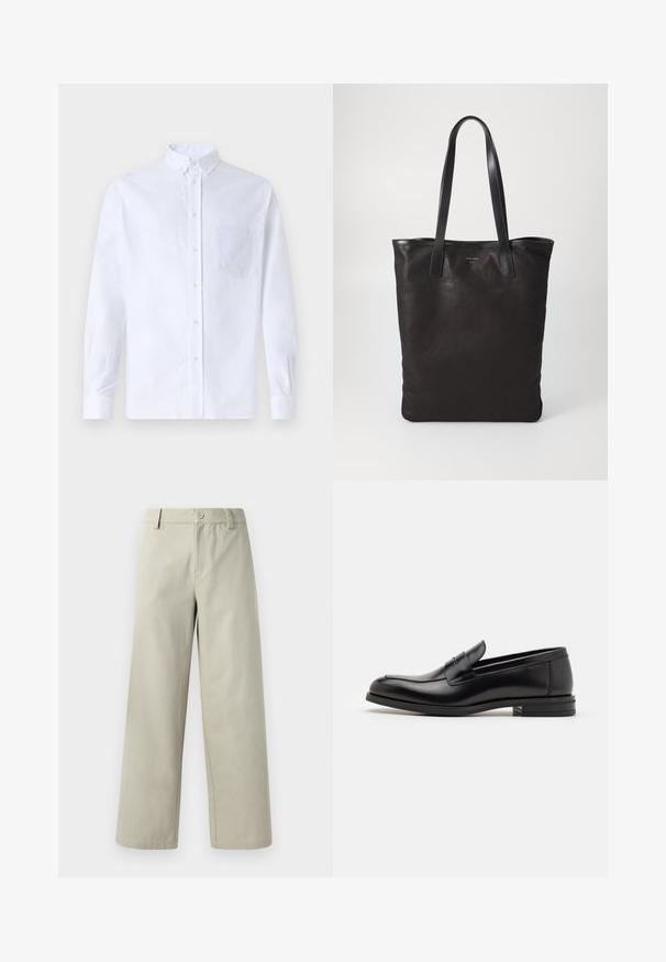White long-sleeve button-up shirt made of cotton, featuring a chest pocket with tonal embroidery, a collar, and button cuffs.; Han Kjøbenhavn WIDE LEG - Trousers - light grey; Black leather loafers with a smooth texture, rounded toe, and a decorative strap across the vamp. Low stacked heel, minimalist design.; Black canvas tote bag with black leather handles. Simple design, spacious body, and a smooth texture. No visible logos or patterns.