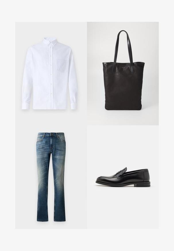 Balts garo piedurknēm krekliņš ar pogām, izgatavots no kokvilnas, ar krūšu kabatu ar tonālu izšuvumu, apkakli un pogām pie piedurknēm.; Zilās džinsu bikses ar taisnu kāju griezumu, ar izbalējušu mazgāšanu, piecām kabatām un brūnu podziņu jostasvietā.; Melnas ādas kurpes ar gludu tekstūru, noapaļu purngalu un dekoratīvu siksniņu pāri priekšpusei. Zems sakrauts papēdis, minimālisma dizains.; Melnas auduma iepirkumu soma ar melnām ādas rokturiem. Vienkāršs dizains, plaša forma un gluda tekstūra. Nav redzamu logo vai rakstu.