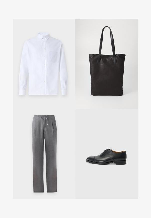 Weißes Langarm-Hemd mit Knöpfen aus Baumwolle, ausgestattet mit einer Brusttasche mit tonalem Stickerei, einem Kragen und Knopfmanschetten.; Graue, maßgeschneiderte Hose mit Kordelzug, Falten und geradem Bein. Der Stoff hat eine glatte Textur mit einem subtilen Muster.; Schwarze Lederoberlederschuhe mit glatter Oberfläche, abgerundetem Zeh, fünf Ösen für die Schnürsenkel und niedrigem Blockabsatz. Minimalistisches Design mit feinen Nähten.; Schwarze Stofftote mit schwarzen Ledergriffen. Einfaches Design, geräumiger Körper und glatte Textur. Keine sichtbaren Logos oder Muster.