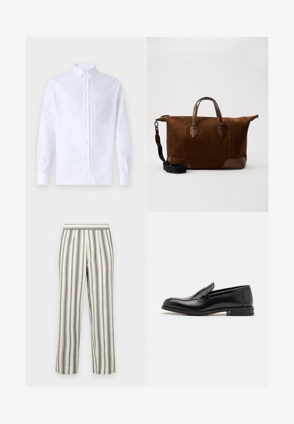 Hvid langærmet skjorte med knapper lavet af bomuld, med en brystlomme med tonal broderi, krave og knapmanchetter.; Stribede bukser i en lys cremefarve med tynde grå lodrette striber. Har elastisk talje og en lige benklipp.; Sorte læderloafers med en glat overflade, rund tå og en dekorativ strop over vampen. Lav hæl med stabeldesign, minimalistisk stil.; Brun ruskinds weekendtaske med mørke læderdetaljer, dobbelte topbæreremmer, justerbar skulderrem og robust lynlås.