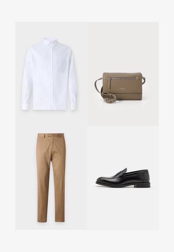 Fehér, hosszú ujjú, gombos ing pamutból, mellzsebbel, tónusos hímzéssel, gallérral és gombos mandzsettával.; Katonai nadrág pamutkeverékből, egyenes szabású, lapos elülső résszel, övbújtatókkal és látható minták vagy kiegészítők nélkül.; Fekete bőr loaferek sima textúrával, kerek orral és dekoratív pánttal a vampnál. Alacsony, rétegelt sarkú, minimalista dizájn.; Taupe színű bőr keresztpántos táska cipzáras elülső zsebbel, állítható pánttal, gyöngy felületű textúrával és a táska elején domború logóval.