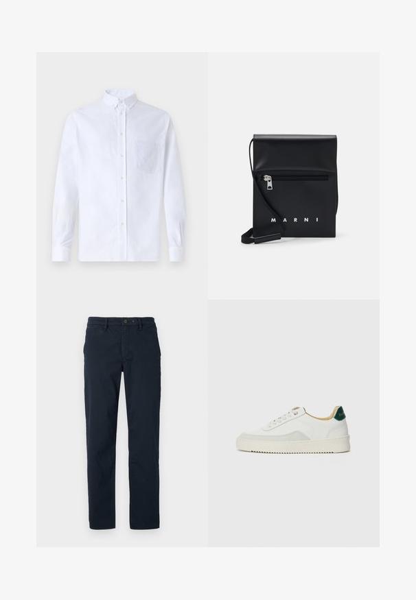 Bílá dlouhá košile s knoflíky vyrobená z bavlny, která má náprsní kapsu s tónovanou výšivkou, límec a knoflíkové manžety.; Námořnické modré bavlněné chinos kalhoty se středním střihem, vyznačující se zapínáním na knoflík, poutky na opasek a bočními kapsami. Minimalistická textura, bez vzorů.; Bílé tenisky se semišovými prvky, kulatou špičkou, plochými tkaničkami a krémovou gumovou podrážkou. Na patě mají zelené logo.; Černá kožená kabelka přes rameno s přední zipovou kapsou, embosovaným logem a nastavitelným popruhem. Hladký povrch s pevnou strukturou.