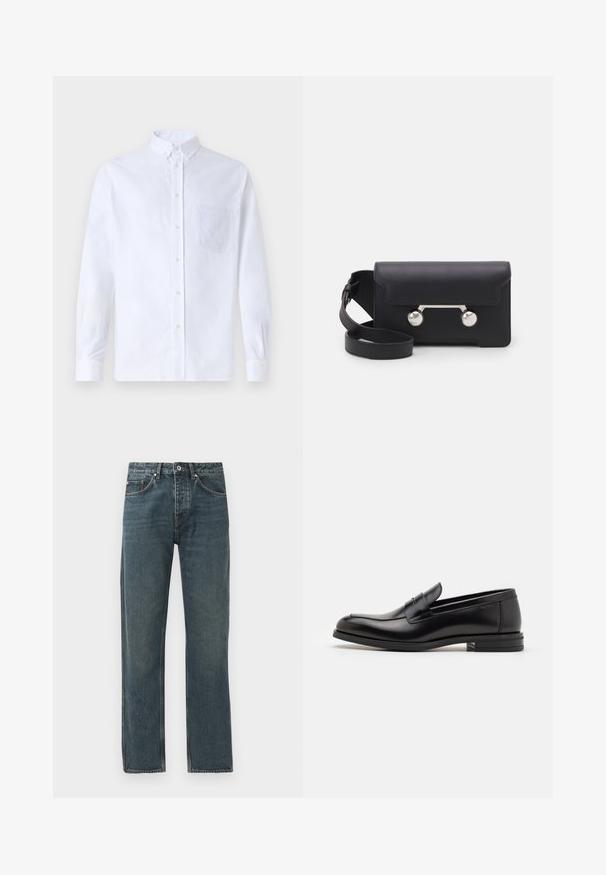 Chemise blanche à manches longues avec boutons en coton, présentant une poche poitrine avec broderie ton sur ton, un col et des poignets boutonnés.; Jeans en denim bleu foncé avec une coupe droite, dotés de cinq poches, d'une fermeture à bouton et de détails de surpiqûres contrastants.; Mocassins en cuir noir avec une texture lisse, bout rond et une sangle décorative sur le dessus. Talon bas empilé, design minimaliste.; Sac bandoulière en cuir noir avec un rabat, accessoires en métal argenté et deux accents ronds. Doté d'une bandoulière amovible. Texture lisse.