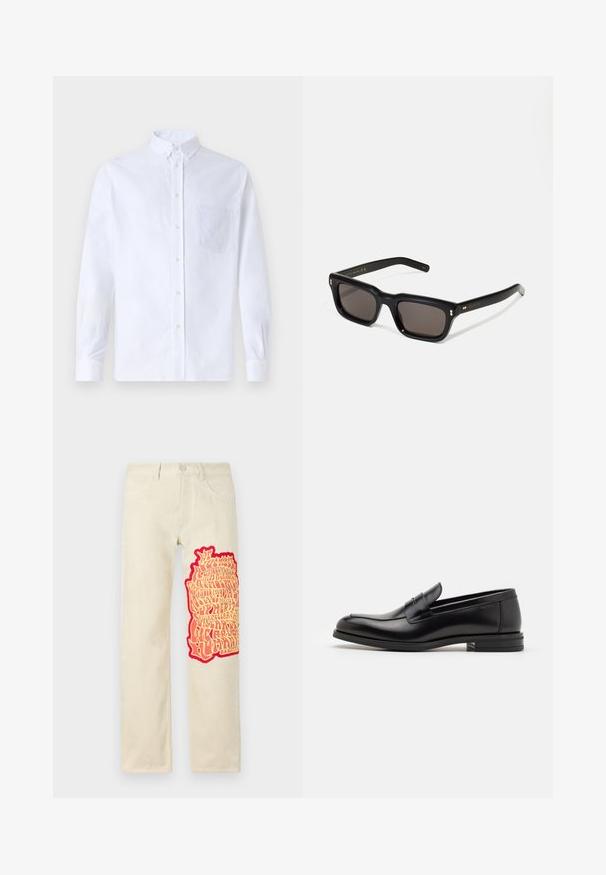 Camisa blanca de manga larga y botonadura frontal, hecha de algodón, con un bolsillo en el pecho con bordado tonal, cuello y puños con botones.; Pantalones de algodón beige con un gran gráfico texturizado en rojo y amarillo en la pierna izquierda, acompañado de un texto estilizado. Diseño de pernera recta.; Mocasines de cuero negro con una textura suave, puntera redondeada y una tira decorativa en el empeine. Tacón bajo apilado, diseño minimalista.; Gafas de sol rectangulares negras con lentes oscuros, marco de plástico grueso, acentos dorados en las patillas y logotipo de la marca grabado en el brazo.