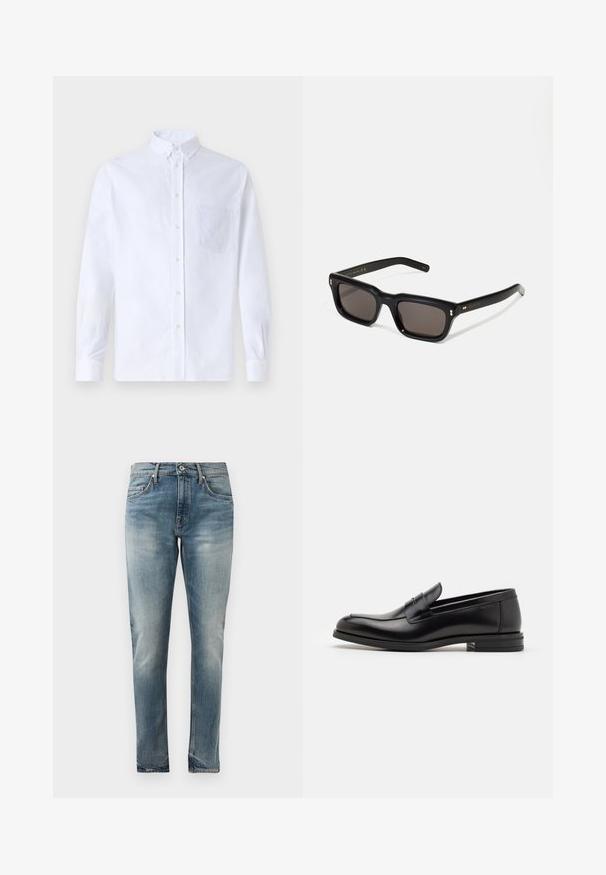 Balts garo piedurknēm krekliņš ar pogām, izgatavots no kokvilnas, ar krūšu kabatu ar tonālu izšuvumu, apkakli un pogām pie piedurknēm.; Taukslasītās zilās džinsu bikses ar nolobītu izskatu, piecu kabatu stils, pogu aizdare un smalka izbalēšana gurnos un ceļos.; Melnas ādas kurpes ar gludu tekstūru, noapaļu purngalu un dekoratīvu siksniņu pāri priekšpusei. Zems sakrauts papēdis, minimālisma dizains.; Melnas taisnstūra formas saulesbrilles ar tumšiem stikliem, bieza plastmasas rāmja, zelta akcenti pie tempļiem un zīmola logo iegravēts roku daļā.