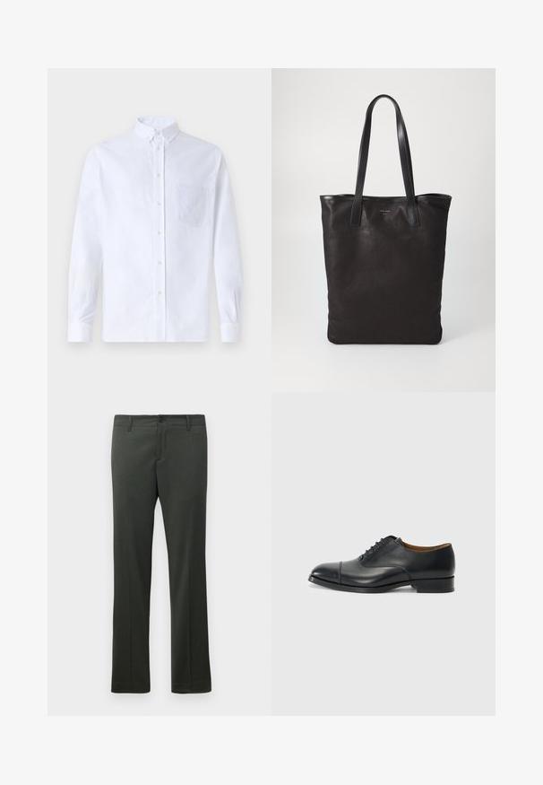 White long-sleeve button-up shirt made of cotton, featuring a chest pocket with tonal embroidery, a collar, and button cuffs.; Dark green formal trousers with belt loops, front button closure, and straight leg cut.; Black leather dress shoe with a smooth finish, rounded toe, five eyelets for laces, and low block heel. Minimalist design with subtle stitching.; Black canvas tote bag with black leather handles. Simple design, spacious body, and a smooth texture. No visible logos or patterns.