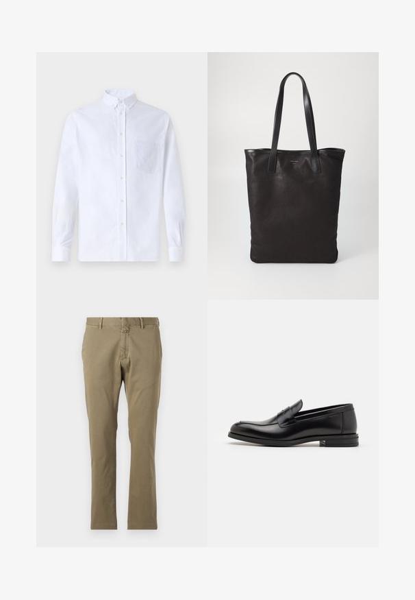 Balts garo piedurknēm krekliņš ar pogām, izgatavots no kokvilnas, ar krūšu kabatu ar tonālu izšuvumu, apkakli un pogām pie piedurknēm.; Kaki bikses, kas izgatavotas no kokvilnas maisījuma auduma, ar taisnu priekšpusi, klasisku piegriezumu, taisnām kājām, jostu cilpiņām un ar rāvējslēdzēju aizdari.; Melnas ādas kurpes ar gludu tekstūru, noapaļu purngalu un dekoratīvu siksniņu pāri priekšpusei. Zems sakrauts papēdis, minimālisma dizains.; Melnas auduma iepirkumu soma ar melnām ādas rokturiem. Vienkāršs dizains, plaša forma un gluda tekstūra. Nav redzamu logo vai rakstu.