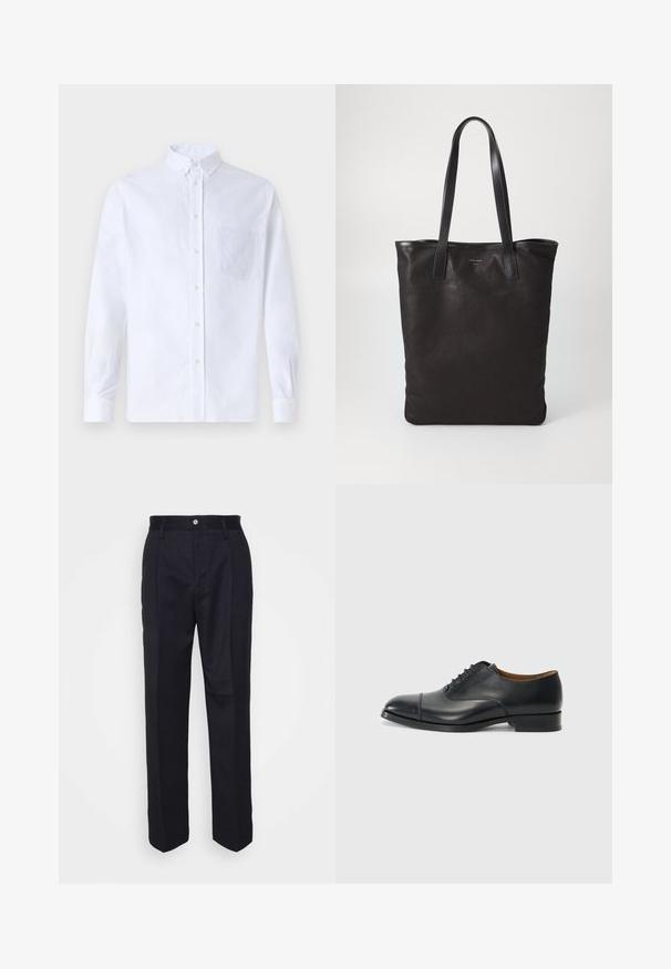 Weißes Langarm-Hemd mit Knöpfen aus Baumwolle, ausgestattet mit einer Brusttasche mit tonalem Stickerei, einem Kragen und Knopfmanschetten.; Schwarze, maßgeschneiderte Hose mit geradem Bein, aus glattem Stoff, mit einem vorderen Knopfverschluss und zwei seitlichen Taschen.; Schwarze Lederoberlederschuhe mit glatter Oberfläche, abgerundetem Zeh, fünf Ösen für die Schnürsenkel und niedrigem Blockabsatz. Minimalistisches Design mit feinen Nähten.; Schwarze Stofftote mit schwarzen Ledergriffen. Einfaches Design, geräumiger Körper und glatte Textur. Keine sichtbaren Logos oder Muster.