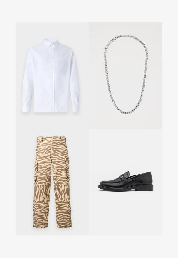 Witte lange mouwen overhemd van katoen, met een borstzak met tonale borduring, een kraag en knopenmanchetten.; Cargobroeken in een tan en crème zebra print. Kenmerken zijn een rechte pijp, twee zijzakken en een knoopsluiting met metallic accenten.; Zwarte leren instappers met een ronde neus, voorzien van een gouden hardware accent en stikdetails, geplaatst op een lage, getextureerde rubberen zool.; DARKAI TENNIS LONG UNISEX - Ketting - silver-coloured