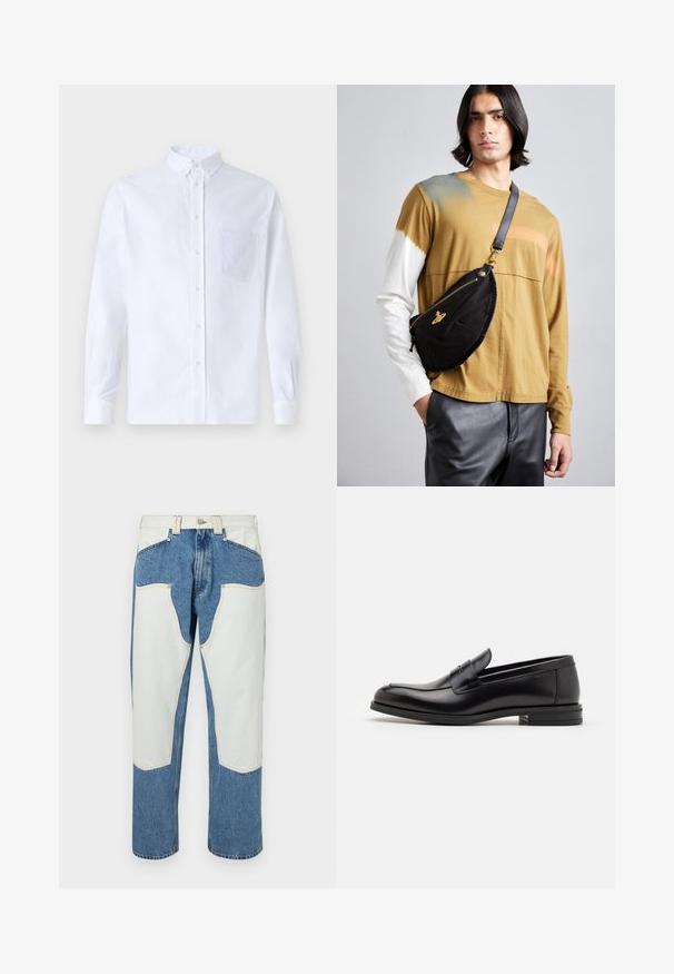 Biała koszula z długim rękawem na guziki, wykonana z bawełny, z kieszonką na piersi z tonowym haftem, kołnierzykiem i zapięciem na guziki przy mankietach.; Jeans denim w jasnoniebieskim kolorze z białymi kontrastującymi łatami i beżowymi szwami. Prosty krój nogawki z wysokim stanem.; Czarne skórzane mokasyny o gładkiej fakturze, zaokrąglonym nosku i dekoracyjnym pasku na przodzie. Niski, warstwowy obcas, minimalistyczny design.; Vivienne Westwood CITY UNISEX czarny