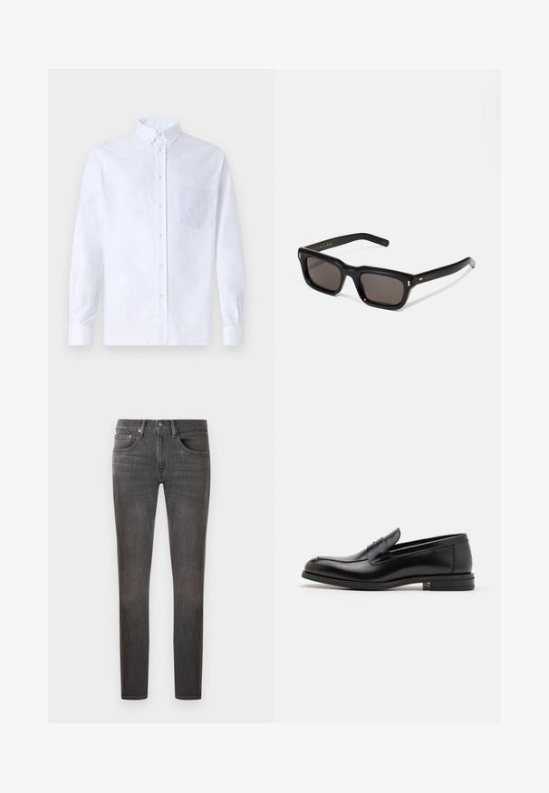 Fehér, hosszú ujjú, gombos ing pamutból, mellzsebbel, tónusos hímzéssel, gallérral és gombos mandzsettával.; Sötétszürke farmernadrág klasszikus szabással, öt zsebes kialakítással és finom koptatási hatással, gombos záródással és cipzáras léggyel.; Fekete bőr loaferek sima textúrával, kerek orral és dekoratív pánttal a vampnál. Alacsony, rétegelt sarkú, minimalista dizájn.; Fekete téglalap alakú napszemüveg sötét lencsékkel, vastag műanyag keret, arany díszítések a szárakon, és a márka logója gravírozva a szára.