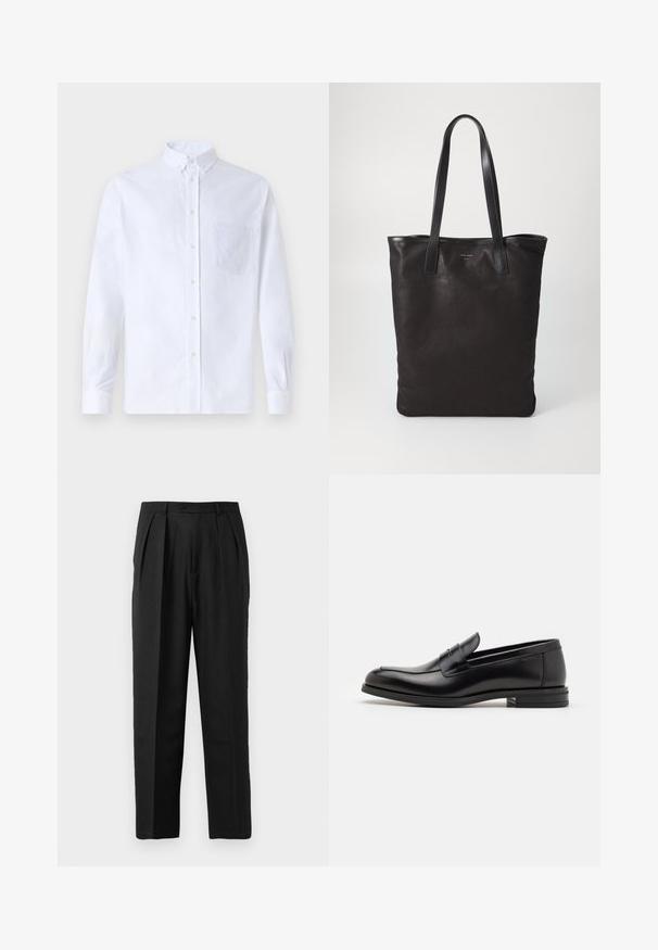 White long-sleeve button-up shirt made of cotton, featuring a chest pocket with tonal embroidery, a collar, and button cuffs.; Black pleated trousers with a tailored design, crafted from smooth fabric, featuring a button closure and straight-leg cut.; Black leather loafers with a smooth texture, rounded toe, and a decorative strap across the vamp. Low stacked heel, minimalist design.; Black canvas tote bag with black leather handles. Simple design, spacious body, and a smooth texture. No visible logos or patterns.