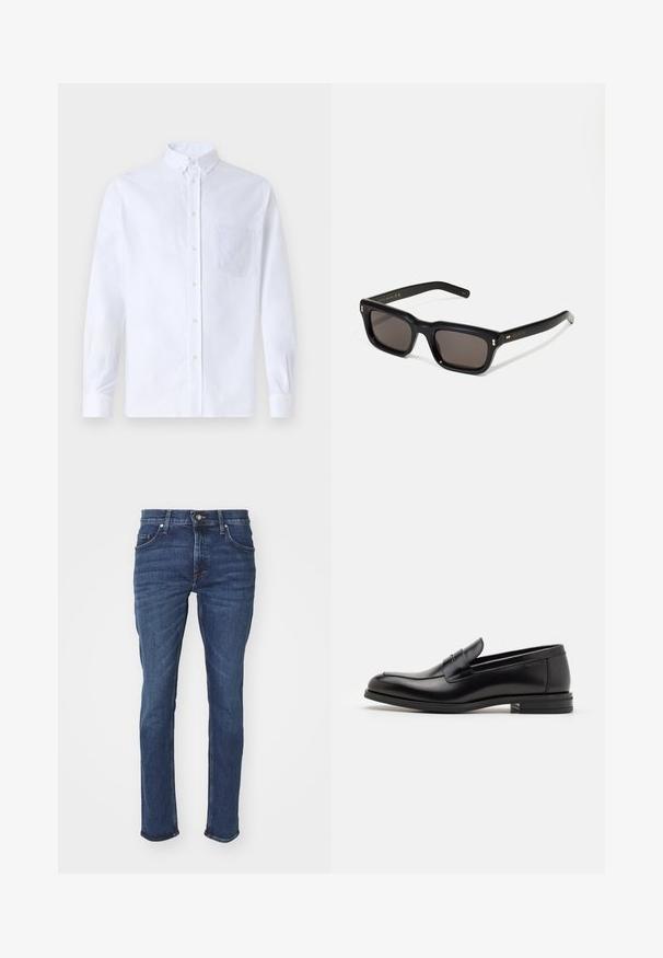 Balts garo piedurknēm krekliņš ar pogām, izgatavots no kokvilnas, ar krūšu kabatu ar tonālu izšuvumu, apkakli un pogām pie piedurknēm.; Tumši zilas piegulošas džinsa bikses ar piecām kabatām, bronzas metāla pogas aizdari un vieglu bikses augšdaļas izbalēšanu. Apakšas gali sašūti ar apaļu maliņu.; Melnas ādas kurpes ar gludu tekstūru, noapaļu purngalu un dekoratīvu siksniņu pāri priekšpusei. Zems sakrauts papēdis, minimālisma dizains.; Melnas taisnstūra formas saulesbrilles ar tumšiem stikliem, bieza plastmasas rāmja, zelta akcenti pie tempļiem un zīmola logo iegravēts roku daļā.