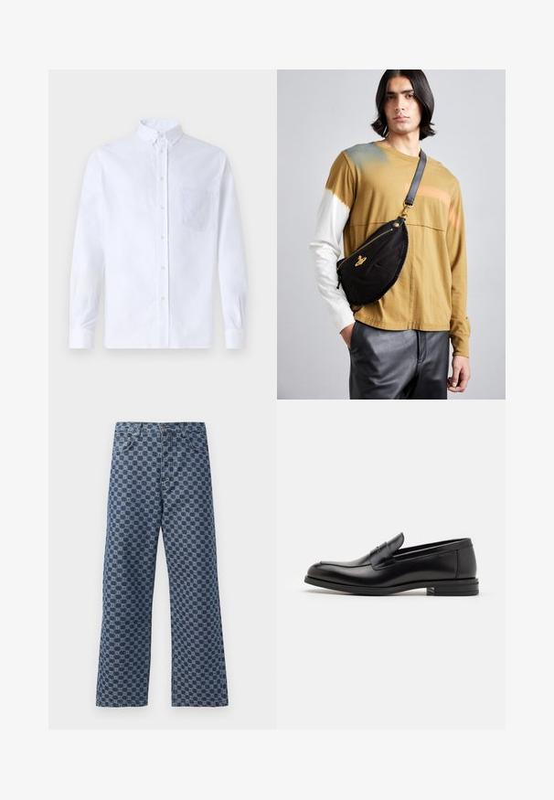 Valkoinen pitkähihaista napillista paitaa, joka on valmistettu puuvillasta. Paita sisältää rinnan kohdalla taskun, jossa on samaa sävyä oleva brodeeraus, kauluksen sekä napilliset hihansuut.; Sinivärvilised teksapüksid, millel on korduv geomeetriline muster, viis taskut, nööpidega sulgemine ja laienev jalgade disain.; Mustat nahkakengät, joissa on sileä pinta, pyöreä kärki ja koristeellinen nauha jalkapöydän yli. Matala pinoitu koroke, minimalistinen muotoilu.; Vivienne Westwood CITY BUMBAG UNISEX - Vyölaukku - black