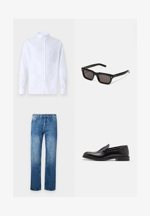 Valge pikamaa varrukatega nööbiga särk, mis on valmistatud puuvillast ja millel on rinna tasku toon-toonis brodeeringuga, krae ja nööbiga mansetid.; Sinised teksased aluspüksid sirge lõikega, millel on viis taskut, vöökohad ja peened tuhmumise efektid kangal.; Mustad mustad nahast loafers sileda tekstuuriga, ümarat ninaosa ja dekoratiivne riba vampi üle. Madal kihiline konts, minimalistlik disain.; Mustad mustakorruselised prillid tumedate läätsedega, paks plastikraam, kuldsed aksendid templites ning kaubamärgi logo graveeritud käe lilla.