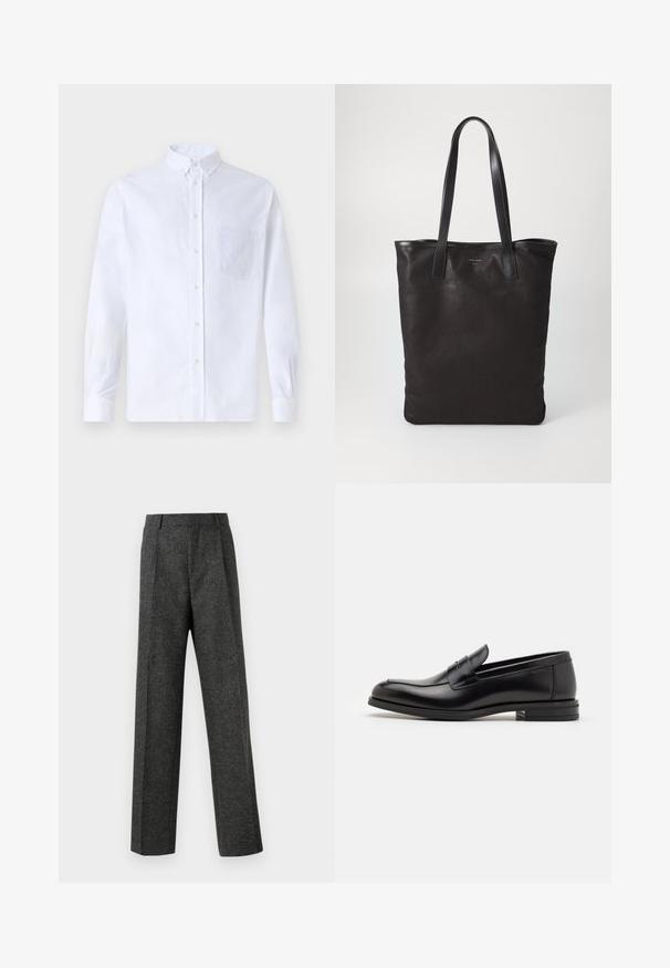 Bijela košulja s dugim rukavima na dugme, izrađena od pamuka, s džepom na prsima s ton-sur-ton vezom, ovratnikom i dugmadi na manžetama.; Sive prilagođene hlače od teksturiranog materijala, s dva prednja nabora i ravnim krojem. Nema vidljivih džepova ili ukrasa.; Crni kožni mokasini s glatkom teksturom, zaobljenim prstima i ukrasnom trakom preko prednjeg dijela. Niski slojeviti potplat, minimalistički dizajn.; Crna platnena torba s crnim kožnim ručkama. Jednostavan dizajn, prostrano tijelo i glatka tekstura. Bez vidljivih logotipa ili uzoraka.