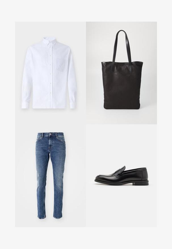 Biała koszula z długim rękawem na guziki, wykonana z bawełny, z kieszonką na piersi z tonowym haftem, kołnierzykiem i zapięciem na guziki przy mankietach.; Ciemnoniebieskie dżinsy ze prostym krojem, z efektem przetarcia, pięcioma kieszeniami oraz srebrnymi dodatkami w pasie.; Czarne skórzane mokasyny o gładkiej fakturze, zaokrąglonym nosku i dekoracyjnym pasku na przodzie. Niski, warstwowy obcas, minimalistyczny design.; Czarna torba na ramię z czarnymi skórzanymi uchwytami. Prosty design, pojemne wnętrze i gładka faktura. Bez widocznych logo ani wzorów.