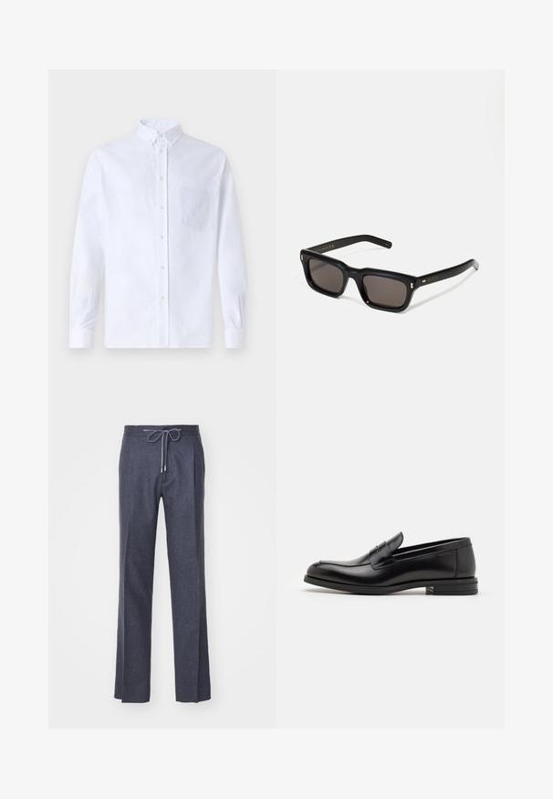 White long-sleeve button-up shirt made of cotton, featuring a chest pocket with tonal embroidery, a collar, and button cuffs.; LARDINI Trousers - grey; Black leather loafers with a smooth texture, rounded toe, and a decorative strap across the vamp. Low stacked heel, minimalist design.; Black rectangular sunglasses with dark lenses, thick plastic frame, gold accents on temples, and brand logo engraved on the arm.