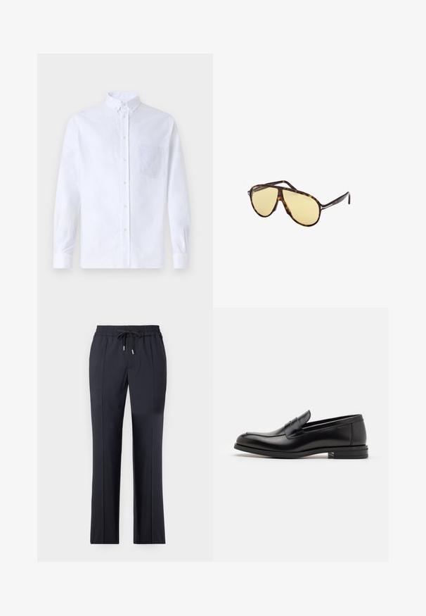 Biała koszula z długim rękawem na guziki, wykonana z bawełny, z kieszonką na piersi z tonowym haftem, kołnierzykiem i zapięciem na guziki przy mankietach.; Czarne, elastyczne spodnie z gumką w pasie i sznurkiem. Prosty krój z bocznymi kieszeniami i gładką, miękką fakturą.; Czarne skórzane mokasyny o gładkiej fakturze, zaokrąglonym nosku i dekoracyjnym pasku na przodzie. Niski, warstwowy obcas, minimalistyczny design.; Okulary przeciwsłoneczne w skorupkę żółtych soczewek. Kształt awiatora z podwójnym mostkiem i metalowymi akcentami. Gładka powierzchnia i elegancki design.