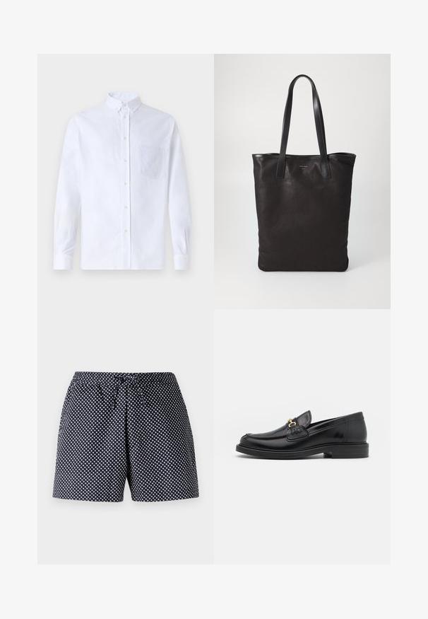 Camisa blanca de manga larga y botonadura frontal, hecha de algodón, con un bolsillo en el pecho con bordado tonal, cuello y puños con botones.; Pantalones cortos azul marino con un patrón de lunares circulares blancos, con una cintura elástica y cordón. Tejido ligero, corte holgado.; Mocasines de cuero negro con punta redondeada, que cuentan con un detalle de herrajes dorados y costuras, situados sobre una suela de goma texturizada y baja.; Bolsa tote de lona negra con asas de cuero negro. Diseño sencillo, cuerpo espacioso y textura suave. Sin logos ni patrones visibles.