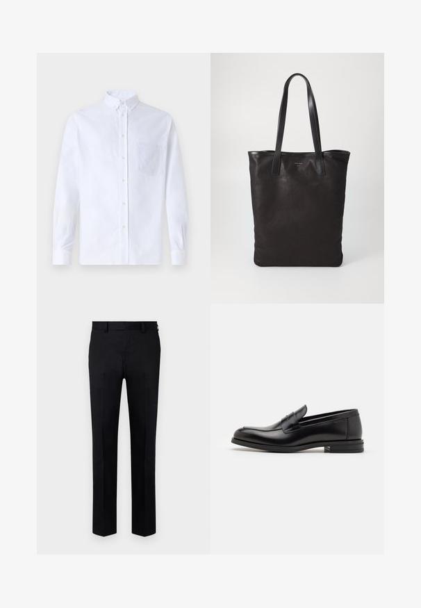 Balts garo piedurknēm krekliņš ar pogām, izgatavots no kokvilnas, ar krūšu kabatu ar tonālu izšuvumu, apkakli un pogām pie piedurknēm.; Melni bikses, izgatavotas no gludas auduma, ar taisnu kāju dizainu, priekšējo kroku un jostas cilpām jostasvietā. Nav redzamu rakstu vai akcentu.; Melnas ādas kurpes ar gludu tekstūru, noapaļu purngalu un dekoratīvu siksniņu pāri priekšpusei. Zems sakrauts papēdis, minimālisma dizains.; Melnas auduma iepirkumu soma ar melnām ādas rokturiem. Vienkāršs dizains, plaša forma un gluda tekstūra. Nav redzamu logo vai rakstu.