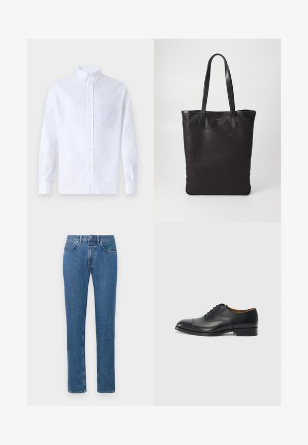 White long-sleeve button-up shirt made of cotton, featuring a chest pocket with tonal embroidery, a collar, and button cuffs.; Blue high-waist straight-leg jeans with front button and zipper, five pockets, and belt loops displayed on white background.; Black leather dress shoe with a smooth finish, rounded toe, five eyelets for laces, and low block heel. Minimalist design with subtle stitching.; Black canvas tote bag with black leather handles. Simple design, spacious body, and a smooth texture. No visible logos or patterns.