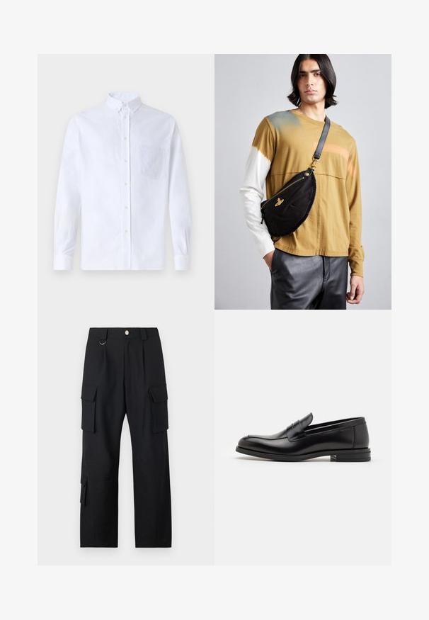 Witte lange mouwen overhemd van katoen, met een borstzak met tonale borduring, een kraag en knopenmanchetten.; Zwarte cargobroek van een gestructureerde stof, met meerdere zakken, een rechtvallende pasvorm en een rits/knopen sluiting bij de taille.; Zwarte leren instappers met een gladde textuur, ronde neus en een decoratieve band over de wreef. Lage, gestapelde hak en minimalistisch ontwerp.; Vivienne Westwood CITY BUMBAG UNISEX - Heuptas - black