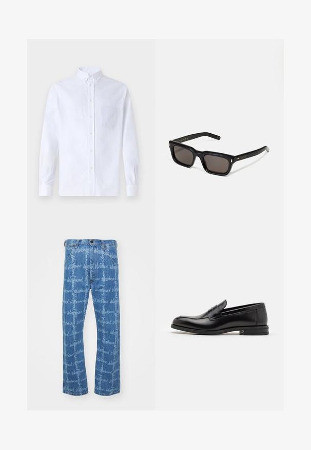 White long-sleeve button-up shirt made of cotton, featuring a chest pocket with tonal embroidery, a collar, and button cuffs.; Blue denim jeans with a straight-leg cut, featuring repeated "Vivienne Westwood" text pattern in white. Classic five-pocket design.; Black leather loafers with a smooth texture, rounded toe, and a decorative strap across the vamp. Low stacked heel, minimalist design.; Black rectangular sunglasses with dark lenses, thick plastic frame, gold accents on temples, and brand logo engraved on the arm.