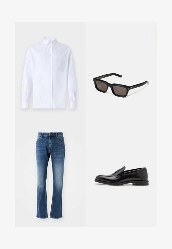 Biała koszula z długim rękawem na guziki, wykonana z bawełny, z kieszonką na piersi z tonowym haftem, kołnierzykiem i zapięciem na guziki przy mankietach.; Niebieskie dżinsy o prostym kroju, z wyblakłym praniem, przednimi kieszeniami i zapięciem na guzik. Szycie w kontrastującym pomarańczowym kolorze.; Czarne skórzane mokasyny o gładkiej fakturze, zaokrąglonym nosku i dekoracyjnym pasku na przodzie. Niski, warstwowy obcas, minimalistyczny design.; Czarne prostokątne okulary przeciwsłoneczne z ciemnymi soczewkami, grubą plastikową oprawą, złotymi akcentami na zausznikach oraz wygrawerowanym logo marki na ramieniu.
