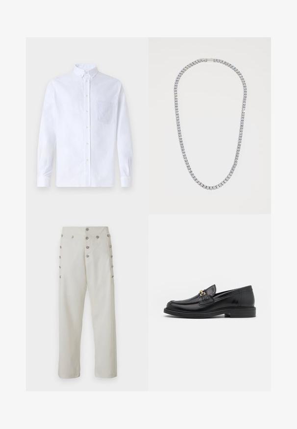 Bela dolgo rukava srajca s kragnico, izdelana iz bombaža, z žepom na prsih in toniranimi vezeninami ter gumbi na manšetah.; Hlače kremaste barve s ravnim krojem, ki imajo dekorativne detajle iz srebrne barve na obeh straneh in gladko teksturo tkanine.; Črne usnjene loafers čevlje z zaobljenim prstom, ki imajo zlat nakit in podrobnosti šivanja, postavljene na nizko, teksturirano gumijasto podplat.; DARKAI TENNIS LONG UNISEX - Verižica - silver-coloured