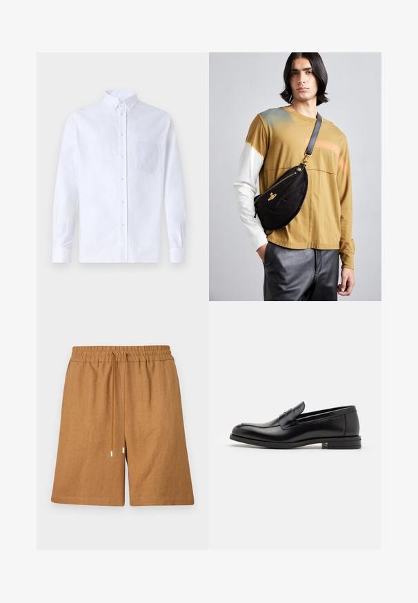 Balts garo piedurknēm krekliņš ar pogām, izgatavots no kokvilnas, ar krūšu kabatu ar tonālu izšuvumu, apkakli un pogām pie piedurknēm.; Brūni lina šorti ar elastīgu jostasvietu, aukliņas aizdari un brīvu piegriezumu. Izceltas ar gludu tekstūru un uzšūtiem malām.; Melnas ādas kurpes ar gludu tekstūru, noapaļu purngalu un dekoratīvu siksniņu pāri priekšpusei. Zems sakrauts papēdis, minimālisma dizains.; Vivienne Westwood CITY BUMBAG UNISEX - Jostas soma - black