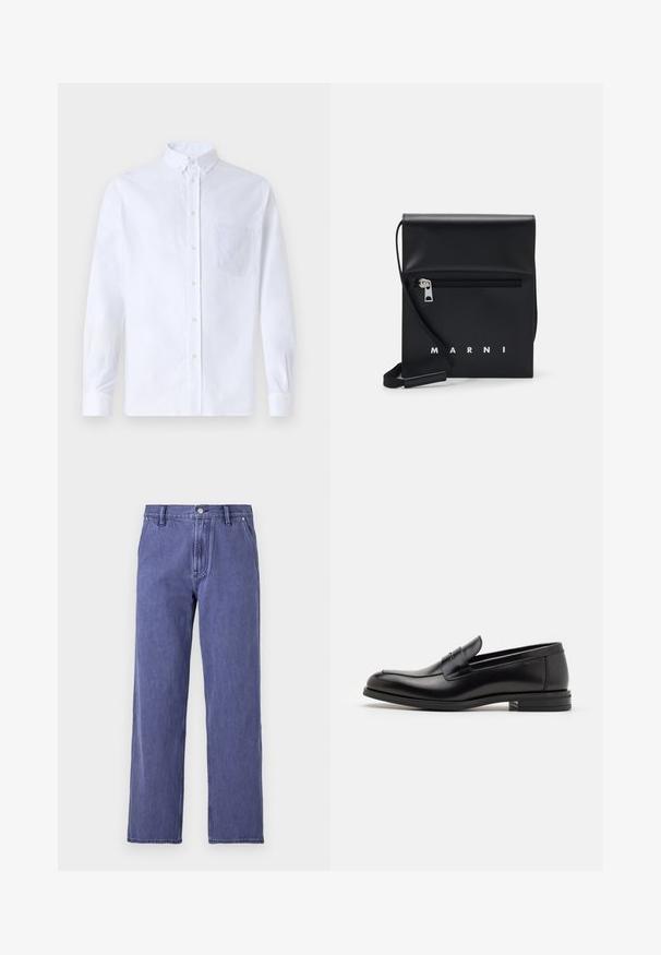 White long-sleeve button-up shirt made of cotton, featuring a chest pocket with tonal embroidery, a collar, and button cuffs.; Blue denim jeans with a straight-leg cut, high waist, front zipper, and five-pocket design. The fabric has a slight texture. No patterns.; Black leather loafers with a smooth texture, rounded toe, and a decorative strap across the vamp. Low stacked heel, minimalist design.; Black leather crossbody bag with a zippered front pocket, embossed logo, and adjustable strap. Smooth texture with a structured shape.