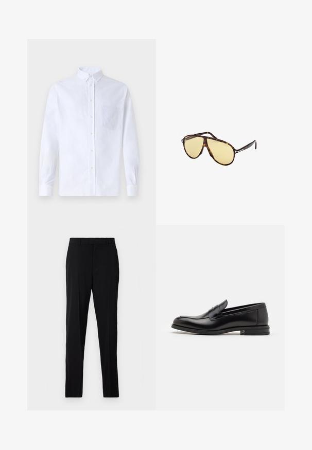 Weißes Langarm-Hemd mit Knöpfen aus Baumwolle, ausgestattet mit einer Brusttasche mit tonalem Stickerei, einem Kragen und Knopfmanschetten.; Schwarze Hosen aus glattem Stoff, mit geradem Schnitt, Gürtelschlaufen, Reißverschluss und seitlichen Taschen für Funktionalität.; Schwarze Lederloafers mit glatter Textur, rundem Zehenbereich und einem dekorativen Riemen über dem Vorderfuß. Niedriger, gestapelter Absatz, minimalistisches Design.; Schildpatt-Sonnenbrille mit gelben Gläsern. Pilotenschnitt mit Doppelbrücke und metallischen Akzenten. Glatte Oberfläche und elegantes Design.