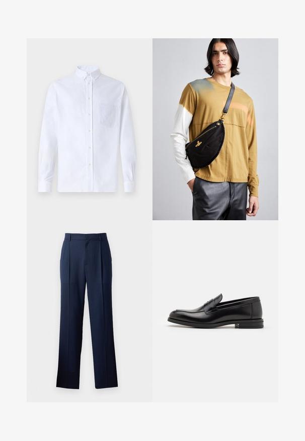 Cămașă albă cu mânecă lungă, din bumbac, prevăzută cu un buzunar pe piept cu broderie tonală, guler și manșete cu buton.; Pantaloni navy închis, realizați dintr-un material neted, cu croială dreaptă, având o textură subtilă și două plii frontale. Fără buzunare vizibile.; Mocasini din piele neagră cu o textură netedă, vârf rotund și o curea decorativă peste partea superioară. Toc mic, design minimalist.; Vivienne Westwood CITY BUMBAG UNISEX - Borsetă - black