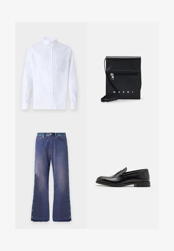 Bela dolgo rukava srajca s kragnico, izdelana iz bombaža, z žepom na prsih in toniranimi vezeninami ter gumbi na manšetah.; Evisu RONT PANEL - Široke kavbojke - denim; Črne usnjene loafer čevlje z gladko teksturo, zaobljenim nosom in dekorativnim trakom čez zgornji del. Nizka zložena peta, minimalističen dizajn.; Črna usnjena torbica preko telesa z zadrgo na sprednjem žepu, embosiranim logotipom in nastavljivim trakom. Gladka tekstura z urejeno obliko.