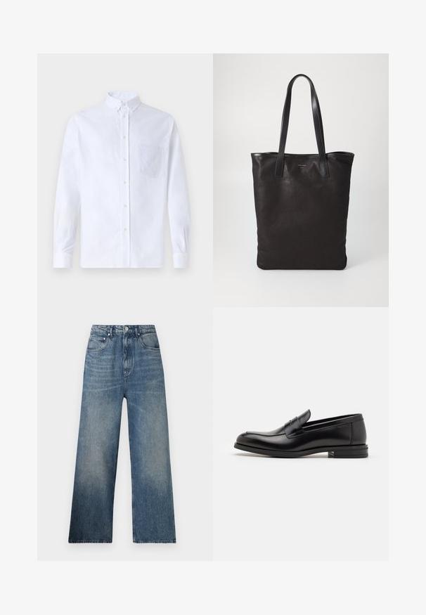 Balts garo piedurknēm krekliņš ar pogām, izgatavots no kokvilnas, ar krūšu kabatu ar tonālu izšuvumu, apkakli un pogām pie piedurknēm.; Zilas džinsus ar plašu kāju un augstu jostasvietu, tiem ir viegla izbalēšana, piecas kabatas un metāla pogas aizdare priekšpusē.; Melnas ādas kurpes ar gludu tekstūru, noapaļu purngalu un dekoratīvu siksniņu pāri priekšpusei. Zems sakrauts papēdis, minimālisma dizains.; Melnas auduma iepirkumu soma ar melnām ādas rokturiem. Vienkāršs dizains, plaša forma un gluda tekstūra. Nav redzamu logo vai rakstu.