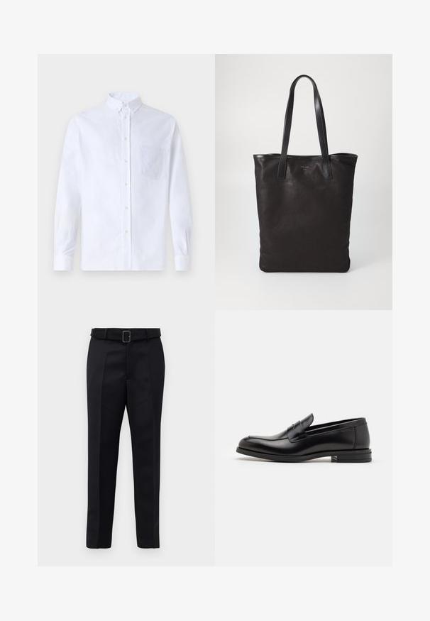 Bela dolgo rukava srajca s kragnico, izdelana iz bombaža, z žepom na prsih in toniranimi vezeninami ter gumbi na manšetah.; Črne krojene hlače so narejene iz gladkega materiala, imajo ravno krojenje in pas z obročkom v pravokotnem oblikovanju. Oznake na sprednji strani dodatno izboljšajo videz.; Črne usnjene loafer čevlje z gladko teksturo, zaobljenim nosom in dekorativnim trakom čez zgornji del. Nizka zložena peta, minimalističen dizajn.; Črna platnena torba s črnimi usnjenimi ročaji. Preprost dizajn, prostorna notranjost in gladka tekstura. Brez vidnih logotipov ali vzorcev.
